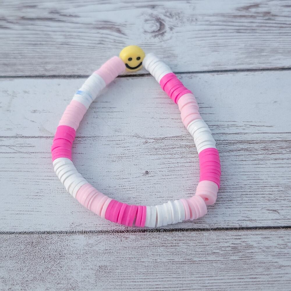 Pink & White Stretch Bracelet with a Smiley Face